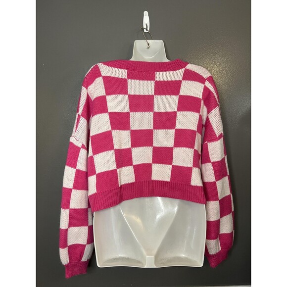 Better Be Sweater Womens Medium Pink White Checkered Cropped Balloon Sleeve - Picture 6 of 9